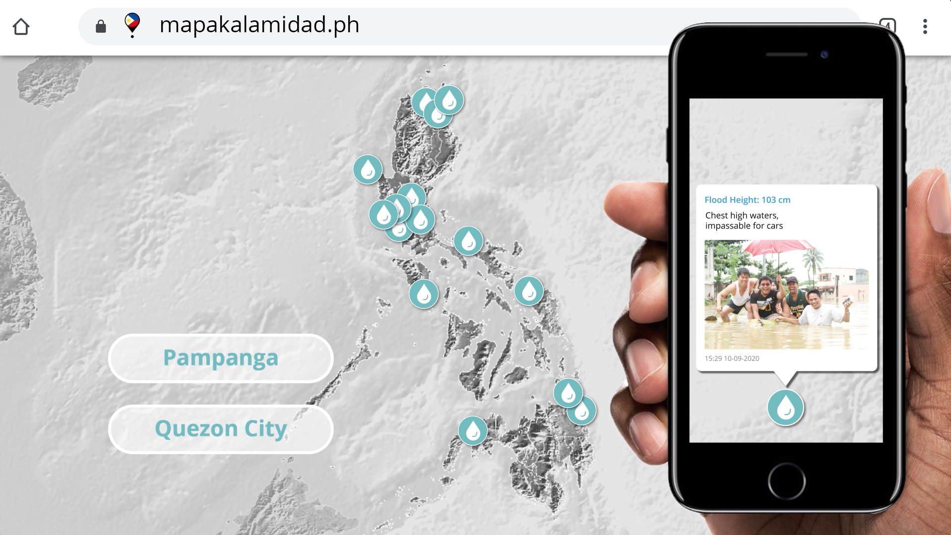  MapaKalamidad.ph screen shot and on phone